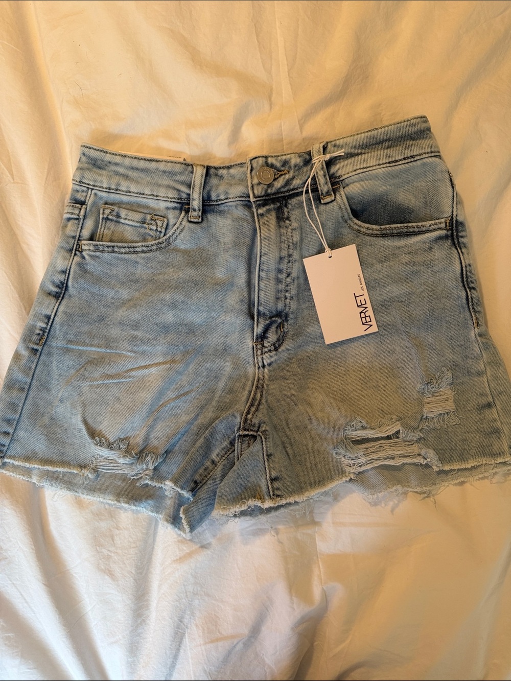 VERVET Light Blue Distressed High-Rise stretch mom Denim Shorts for Women